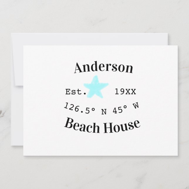 Beach house Date year custom coordinates add est. Invitation (Front)