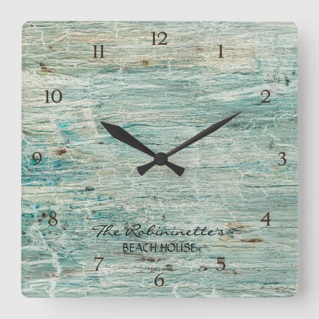 Beach House Driftwood Teal Blue Coastal Seashore Square Wall Clock (Front)