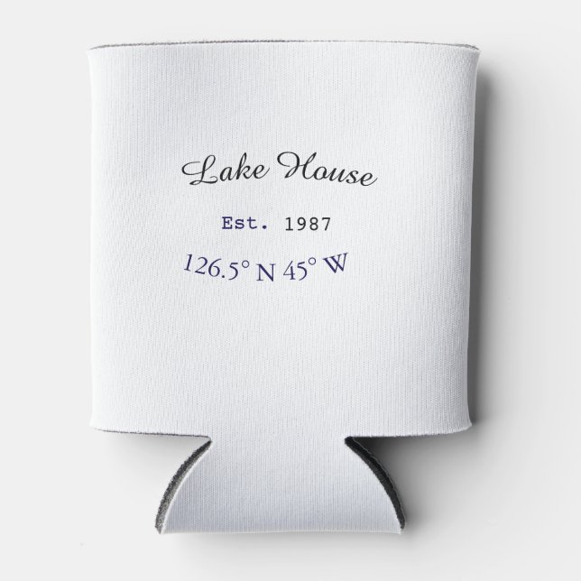 Beach house ets. Date year custom coordinates add Can Cooler (Front)