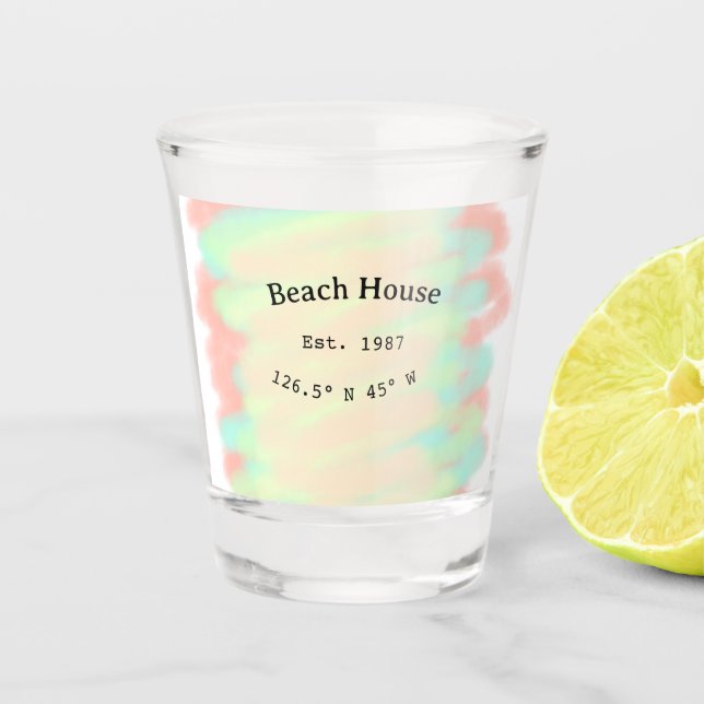 Beach house ets. Date year custom coordinates add Shot Glass (Front)