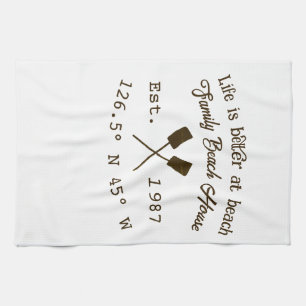 Beach house ets. Date year custom coordinates add Tea Towel
