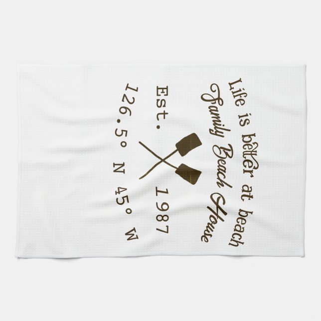 Beach house ets. Date year custom coordinates add  Tea Towel (Horizontal)