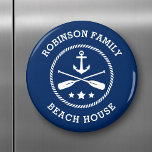 Beach House & Family Name Anchor Oars Stars Navy Magnet<br><div class="desc">Stylish round refrigerator magnet with your personalized beach house,  lake house,  family name or other text with a custom nautical boat anchor,  crossed oars and stars in navy blue on white or choose background colors to match your  decor.</div>