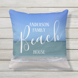 Beach House Family Name   Beautiful Beach Photo Cushion