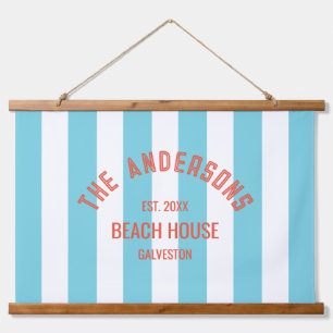 Beach House Family Name Blue Cabana Stripe Hanging Tapestry
