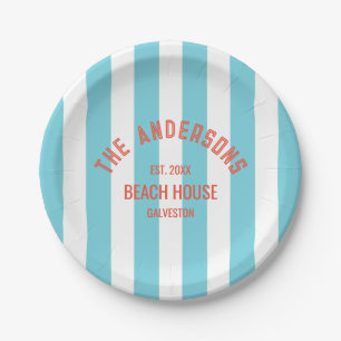 Beach House Family Name Blue Cabana Stripe Paper Plate