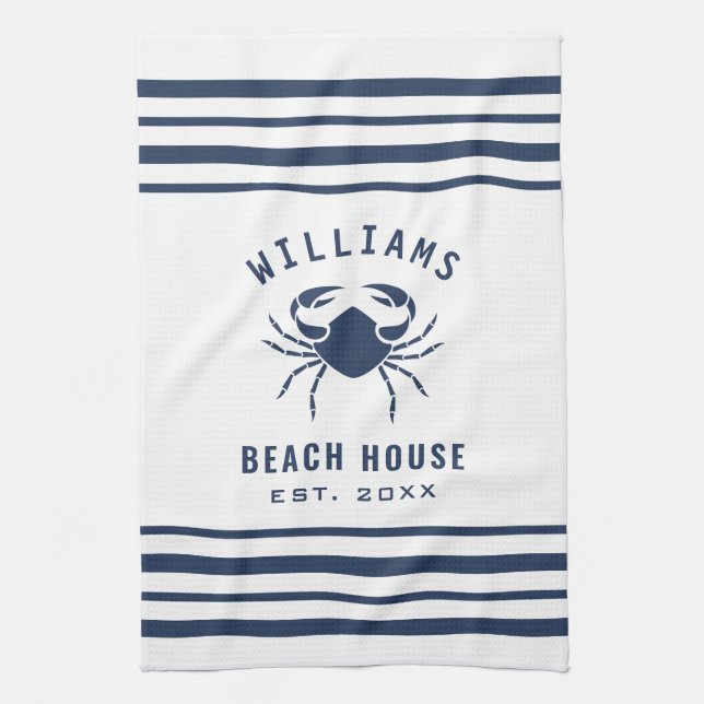 Beach House Family Name Crab Navy Blue And White Tea Towel (Vertical)