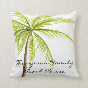 Beach House Family Name Palm Tree White Green Cushion