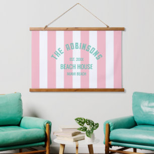 Beach House Family Name Pink Cabana Stripe Hanging Tapestry