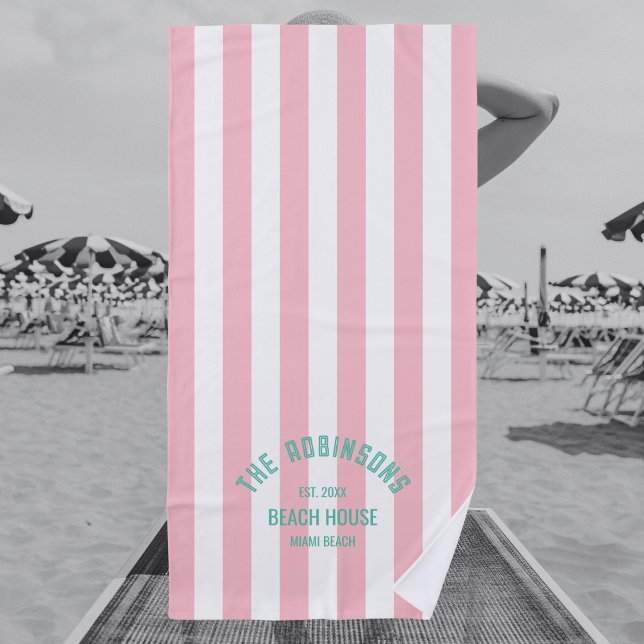 Beach House Family Name Pink Cabana Stripe Towel (Creator Uploaded)