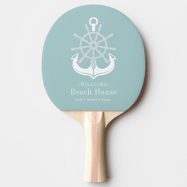 Beach House Family Name Teal Anchor Ping Pong Paddle (Front)