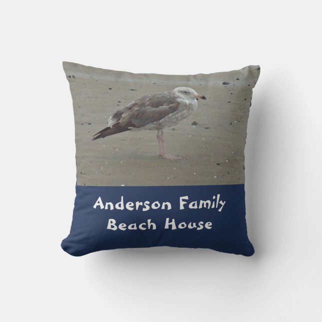 Beach House Family Name Unique Seagull Shore Bird Cushion (Front)