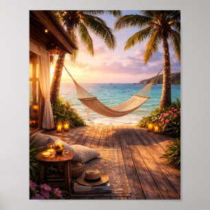 Beach House Hammock Ocean Aesthetic Poster First