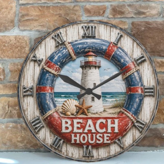 Beach House Lighthouse Rustic Nautical Coastal  Large Clock (Creator Uploaded)