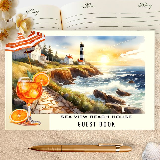 Beach House Lighthouse Vacation Rental Guest Book (Hospitality guest book featuring a watercolor illustration of a coastal scene with lighthouse)