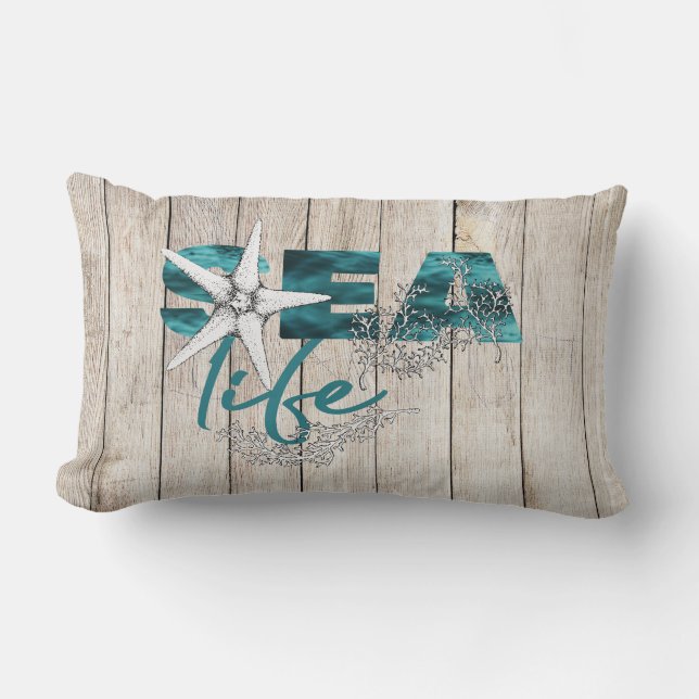 Beach house modern sea life typography barn wood lumbar cushion (Front)