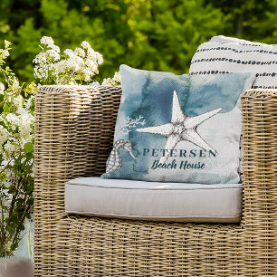 Beach house modern white starfish family name cushion