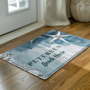 Beach house modern white starfish family name doormat