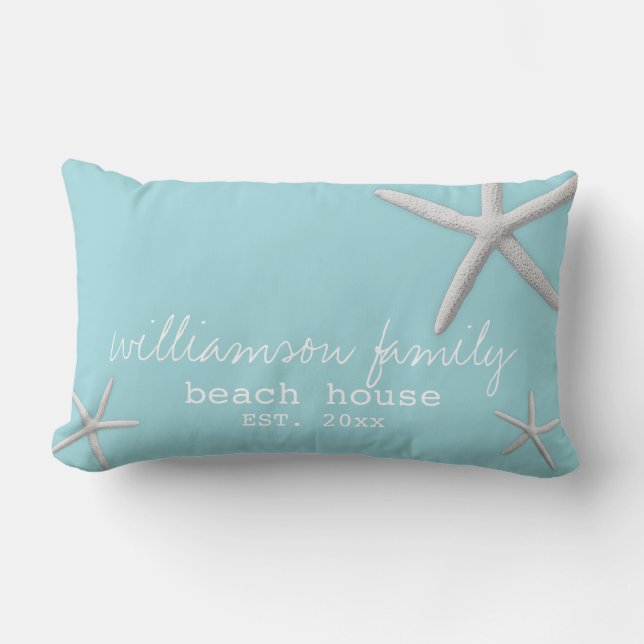 Beach House Name & Year Coastal Sea Blue Lumbar Cushion (Front)