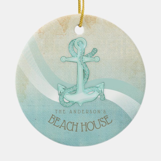 Beach House Nautical Anchor and Rope Aqua ID623 Ceramic Ornament (Front)