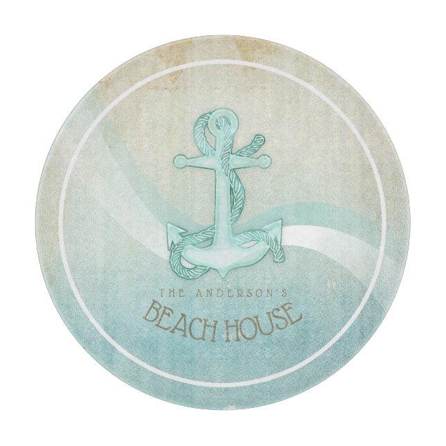 Beach House Nautical Anchor and Rope Aqua ID623 Cutting Board (Front)