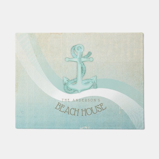 Beach House Nautical Anchor and Rope Aqua ID623 Doormat (Front)