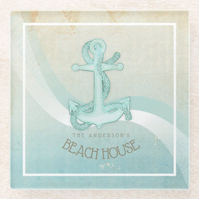 Beach House Nautical Anchor and Rope Aqua ID623 Glass Coaster (Front)