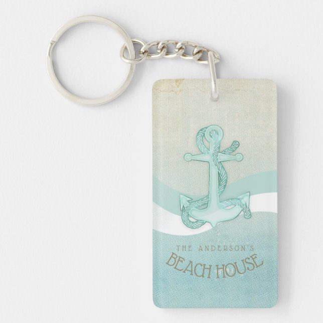 Beach House Nautical Anchor and Rope Aqua ID623 Key Ring (Front)