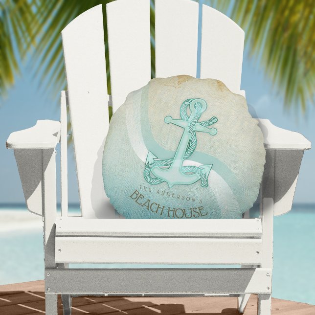 Beach House Nautical Anchor and Rope Aqua ID623 Round Cushion (Creator Uploaded)