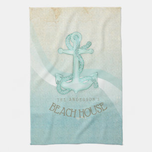 Beach House Nautical Anchor and Rope Aqua ID623 Tea Towel