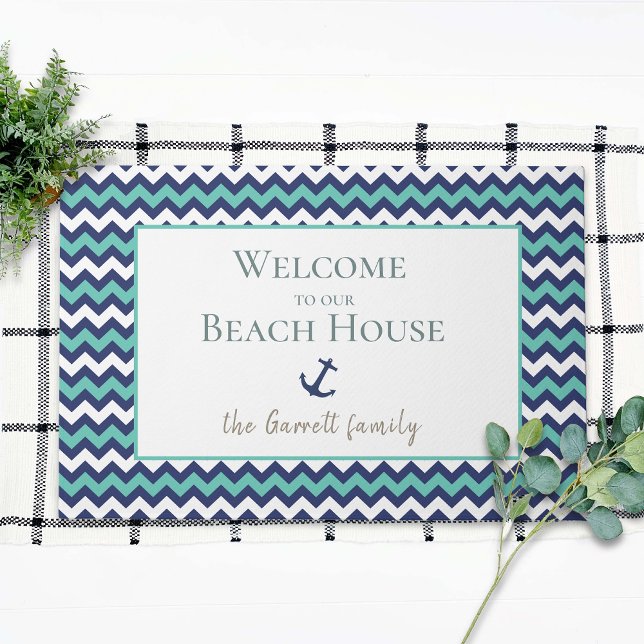 Beach House Nautical Anchor Blue Aqua Welcome Doormat (Creator Uploaded)