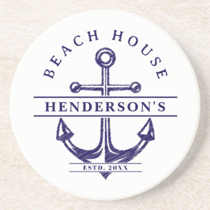 Beach House Nautical Anchor Blue Coaster