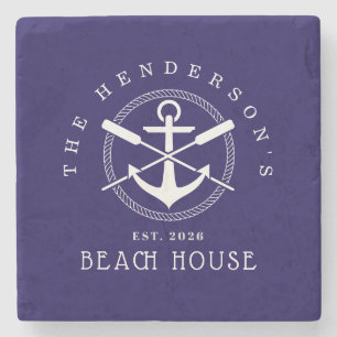 Beach House Nautical Anchor Blue décor Vacation Stone Coaster