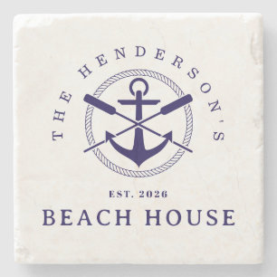 Beach House Nautical Anchor Blue navy Vacation Stone Coaster