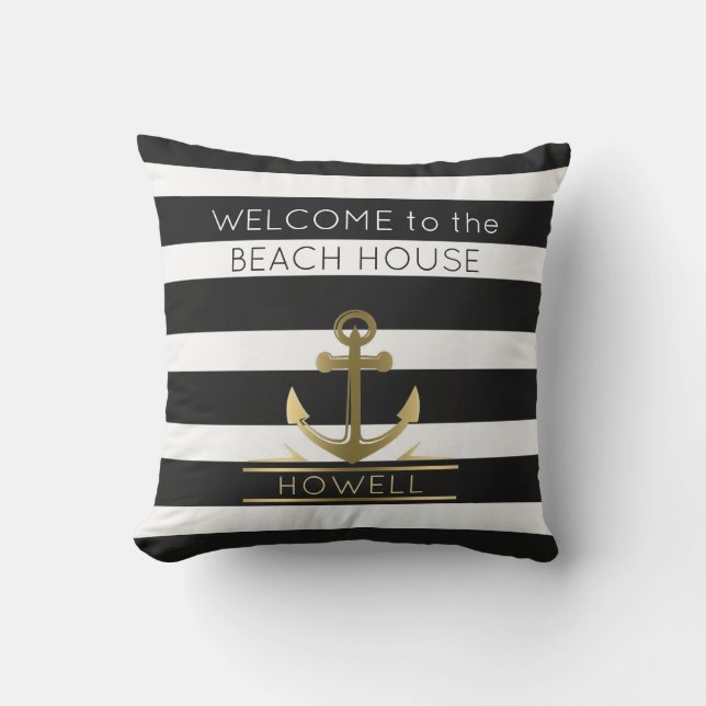 Beach House Nautical Anchor Family Name B&W Stripe Cushion (Front)