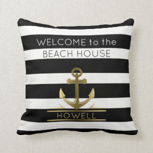 Beach House Nautical Anchor Family Name B&W Stripe Cushion