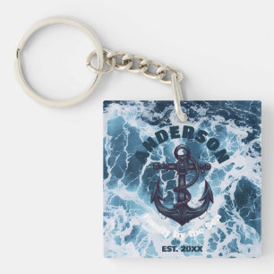 Beach House Nautical Anchor Ocean Wave Personalise Key Ring
