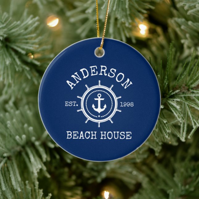 Beach House Nautical Anchor Rope Helm Blue Ceramic Ornament (Tree)