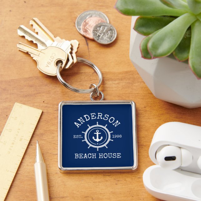 Beach House Nautical Anchor Rope Helm Navy Blue Key Ring (Desk)