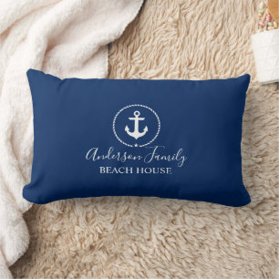 Beach House Nautical Anchor Rope Star Navy Blue Lumbar Cushion