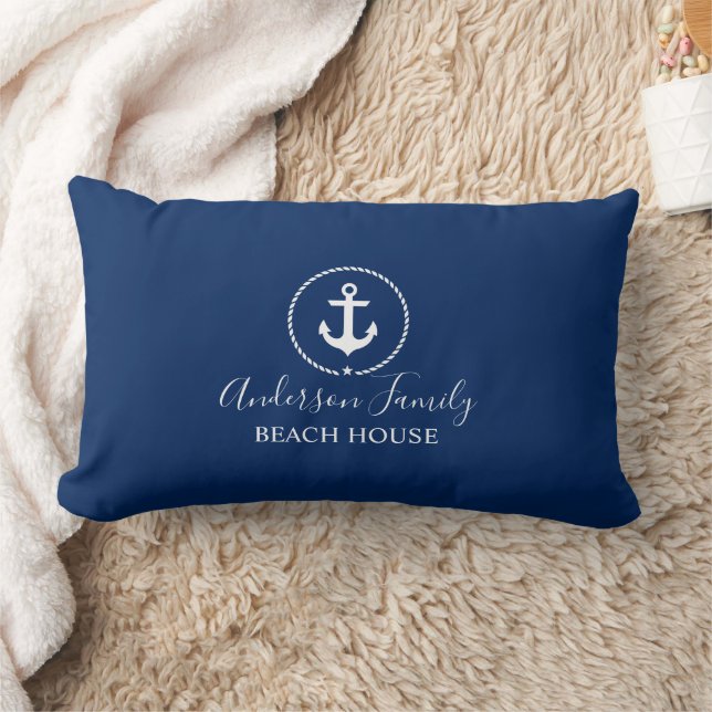 Beach House Nautical Anchor Rope Star Navy Blue Lumbar Cushion (Blanket)