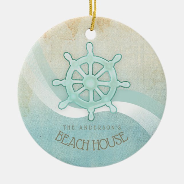 Beach House Nautical Boat Helm Aqua Blue ID623 Ceramic Ornament (Front)