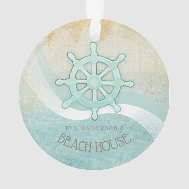 Beach House Nautical Boat Helm Aqua Blue ID623 Ornament (Back)