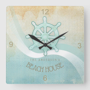 Beach House Nautical Boat Helm Aqua Blue ID623 Square Wall Clock