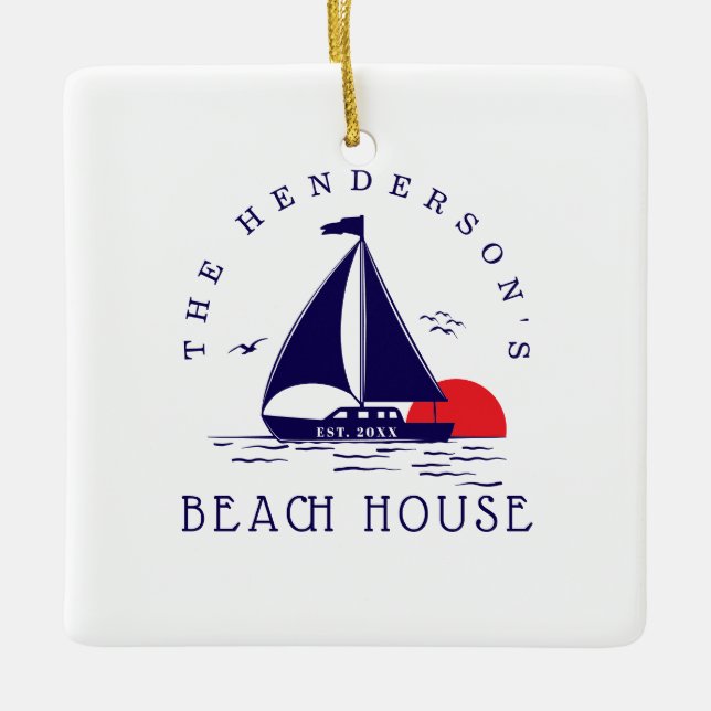 Beach House Nautical boat Sunset navy blue Ceramic Ornament (Front)