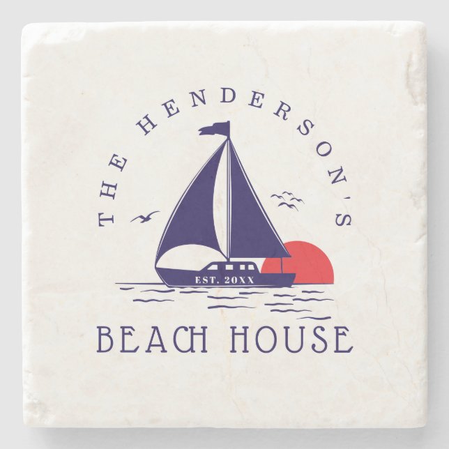 Beach House Nautical boat Sunset navy blue Stone Coaster (Front)