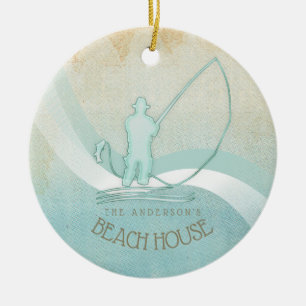 Beach House Nautical Fisherman Aqua Blue ID623 Ceramic Ornament
