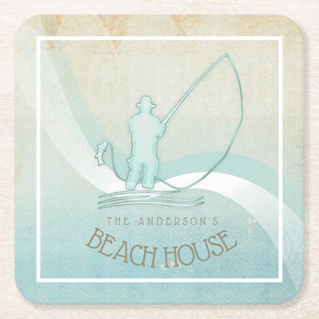 Beach House Nautical Fisherman Aqua Blue ID623 Square Paper Coaster (Front)