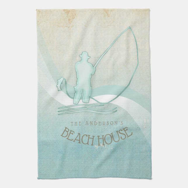 Beach House Nautical Fisherman Aqua Blue ID623 Tea Towel (Vertical)