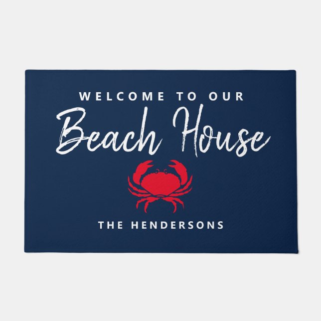 Beach House Nautical Navy Blue Red Crab Monogram Doormat (Front)